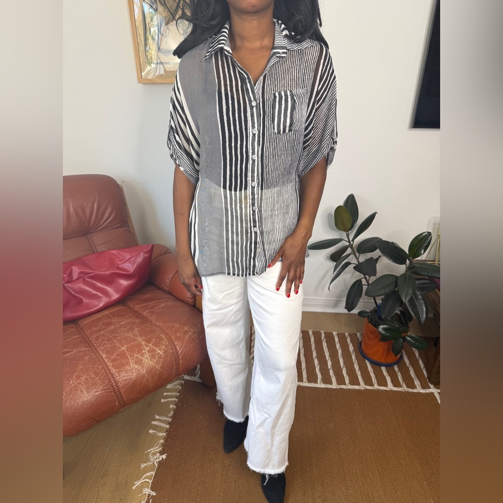 Sheer Black and White Striped Button-Up Shirt